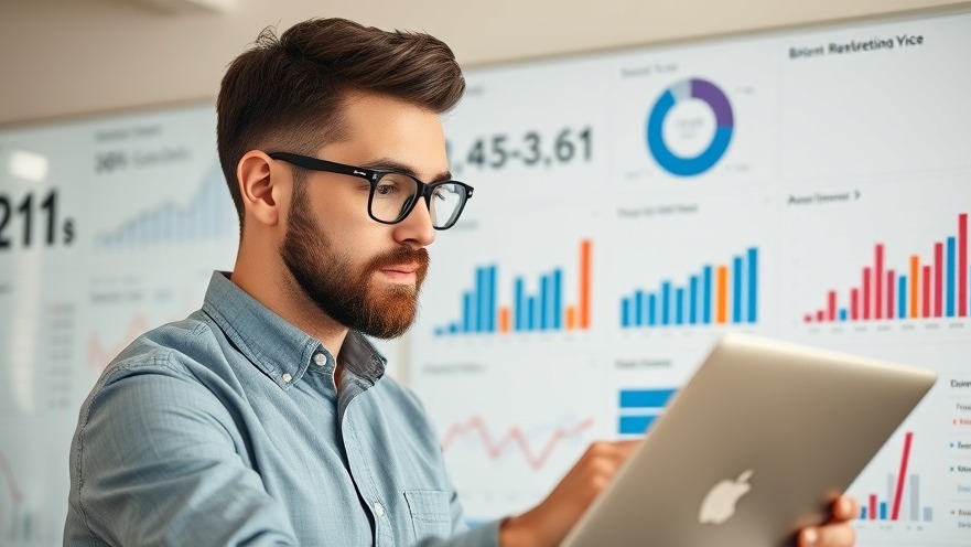 Analytical marketer reviewing data dashboards for brand voice development success.