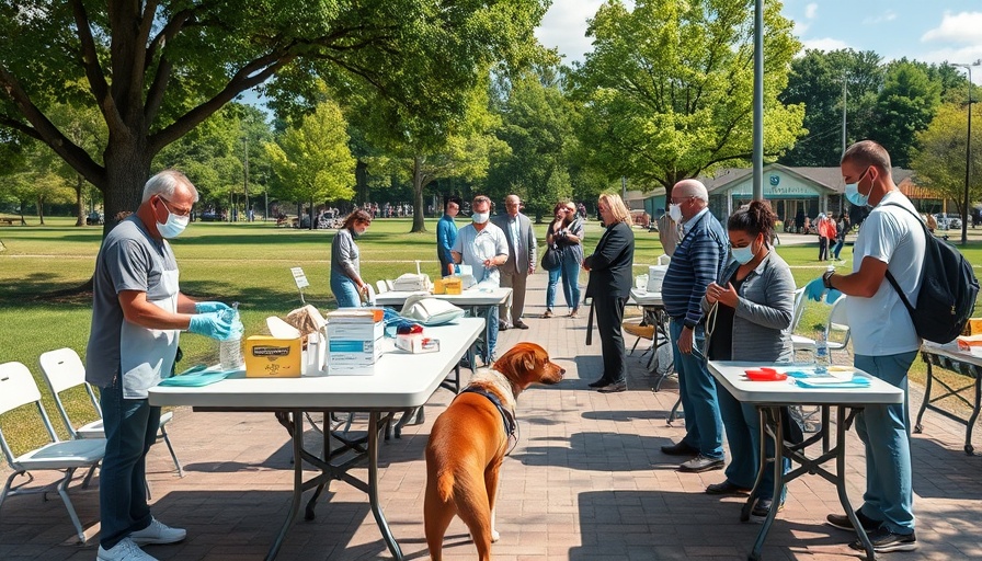 Outdoor rabies clinic setup with people and pets in a park.