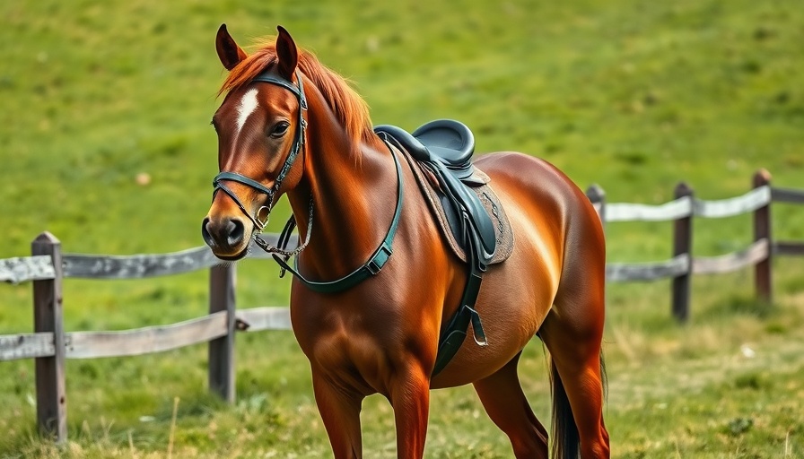Calm brown horse with riding gear in a New Jersey field, illustrating horse safety.