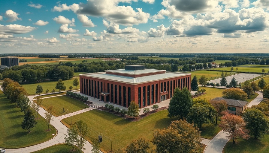 Aerial view of office building at Giralda Farms, expansive green lawn.