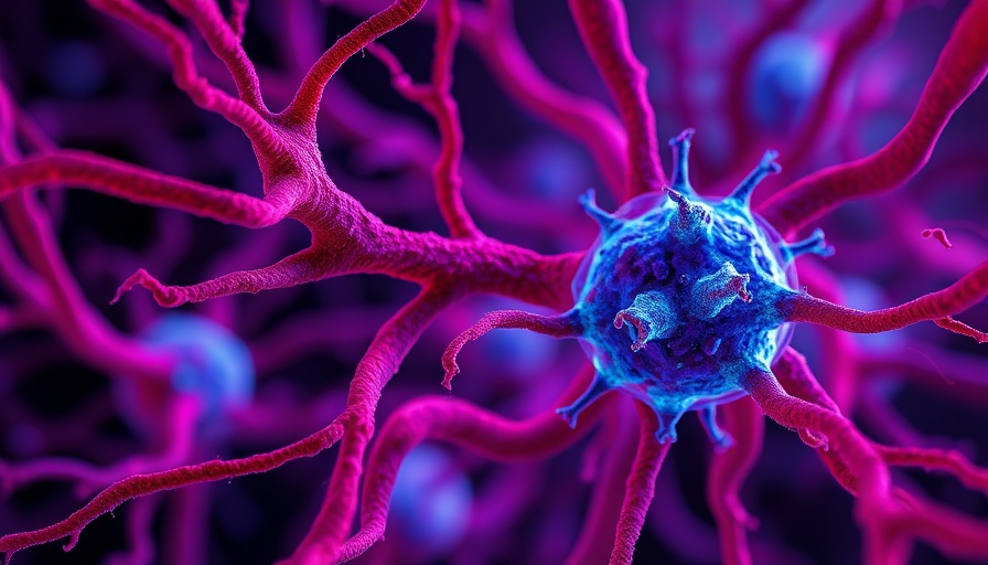 Intricate neural cell illustration showing Alzheimer's amyloid plaques.