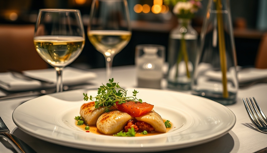 Gourmet dish and white wine at new restaurant opening in Montclair.