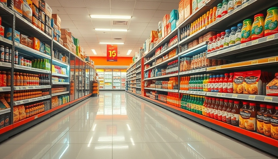 Supermarket aisle with stocked shelves reflecting store lights.