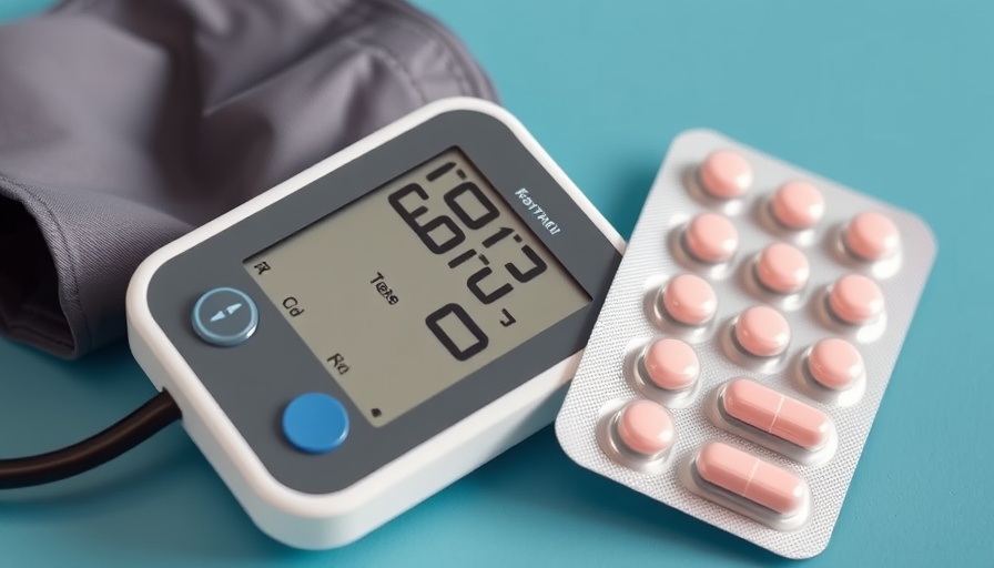 Digital blood pressure monitor and pink pills on blue background, highlighting blood pressure medications guidelines.
