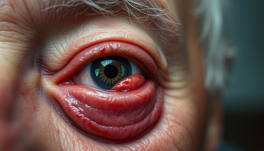 Close-up of a swollen eye with red inflamed skin, detailed texture.