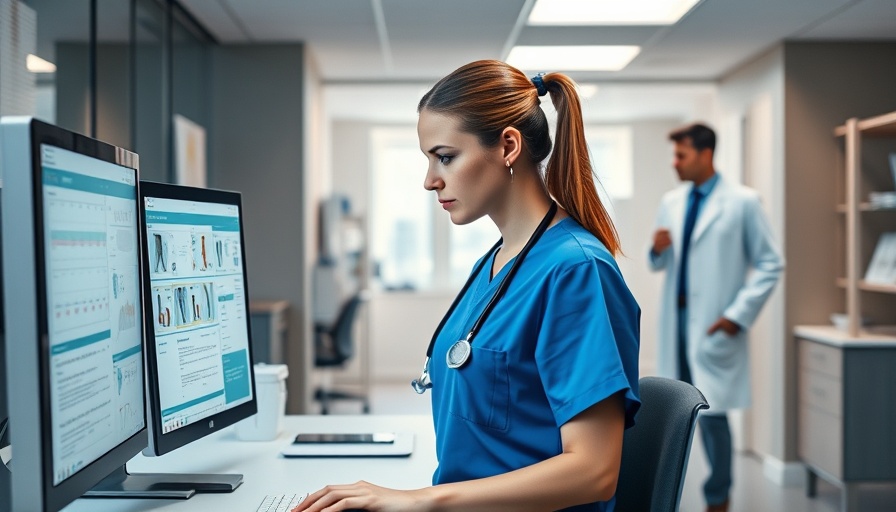 Digital identity in healthcare scene with nurse at computer.