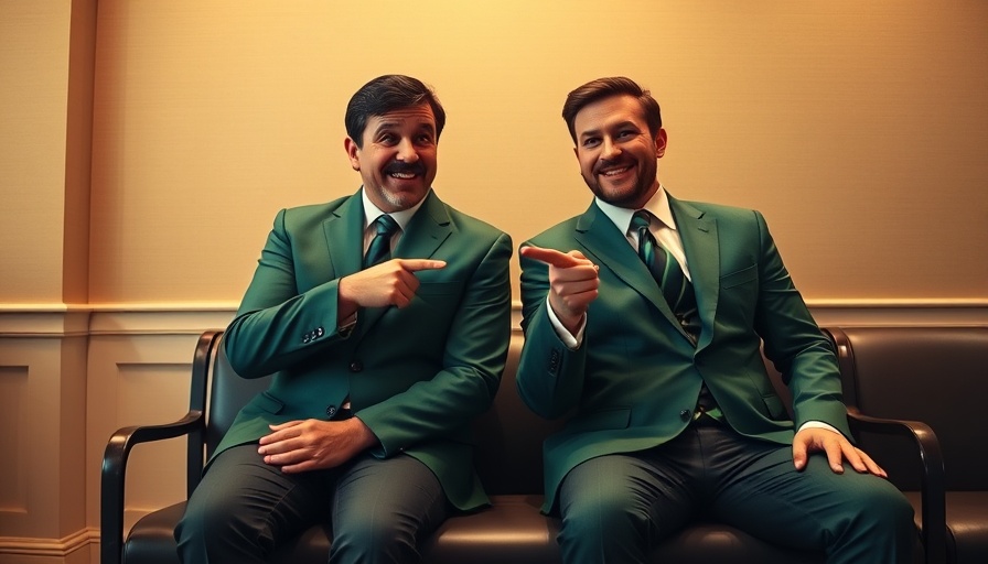 Two men in green blazers humorously interacting indoors.