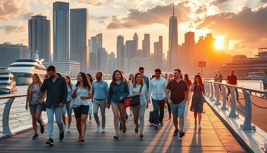 Hoboken waterfront with people and skyline at sunset.