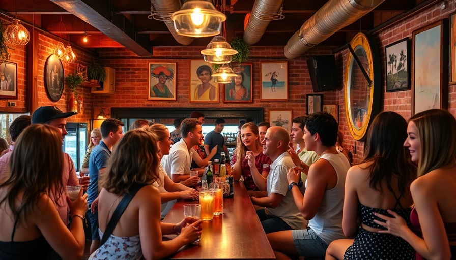 Lively bar scene in a best small beach town, people socializing.