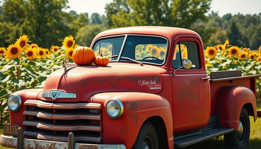 Old red truck in sunflower field at free September events in New Jersey 2025.