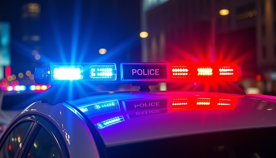 Emergency police lights illuminating the night scene.