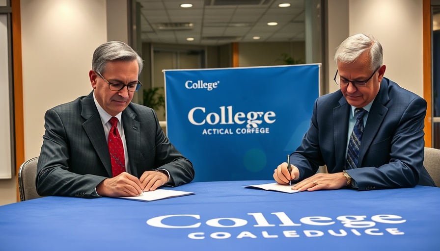 Two men signing a document at a Brookdale Community College event for the Transfer Pathways program in New Jersey.