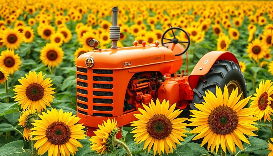 Hill Creek Farms Final Season: Sunflowers and vintage tractor.