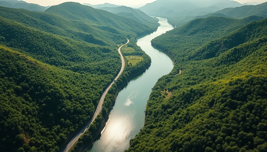 Aerial view of Delaware River amidst green hills and forests