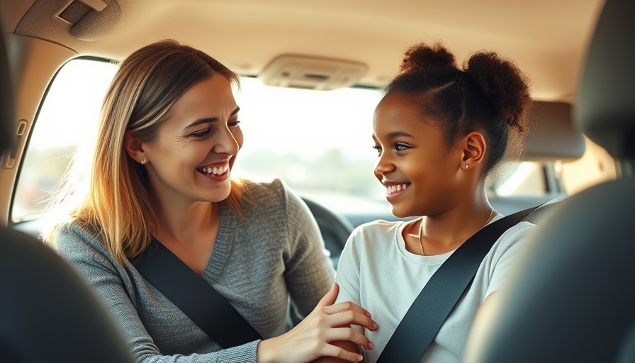 Woman assists young girl with booster seat, older girl smiles
