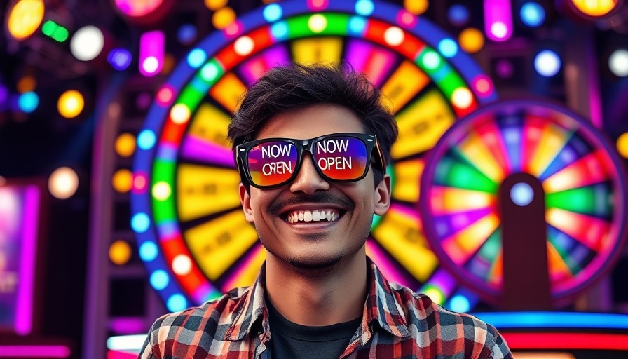 Smiling person with 'NOW OPEN' sunglasses at a game show setting.