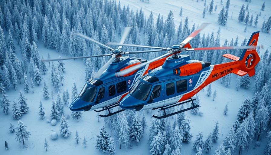 Medical helicopters in flight over forest for blood transfusions during transport.