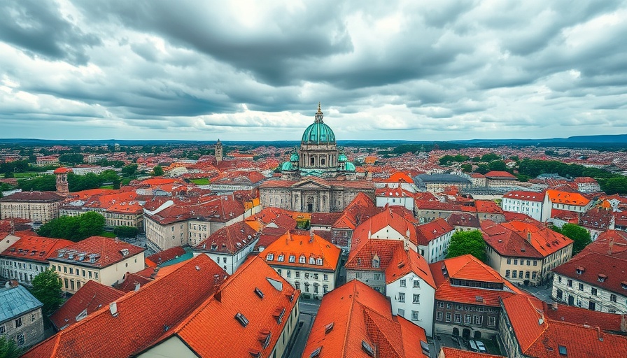 Vibrant aerial view of European cityscape with iconic green dome