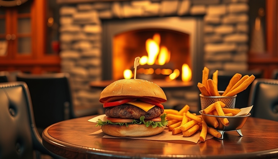 Cozy gourmet burger meal in front of a fireplace, Exit Zero Filling Station Closure.