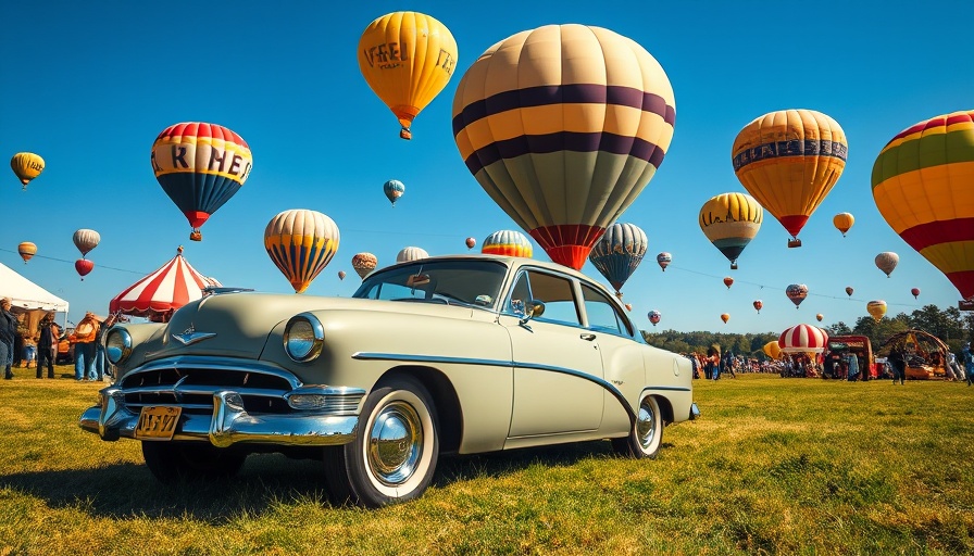 Classic car against hot air balloons at Warren County Festival.