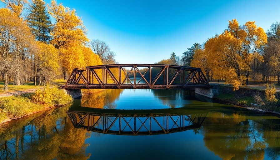 Aerial view of New Hope-Lambertville Bridge over calm river.