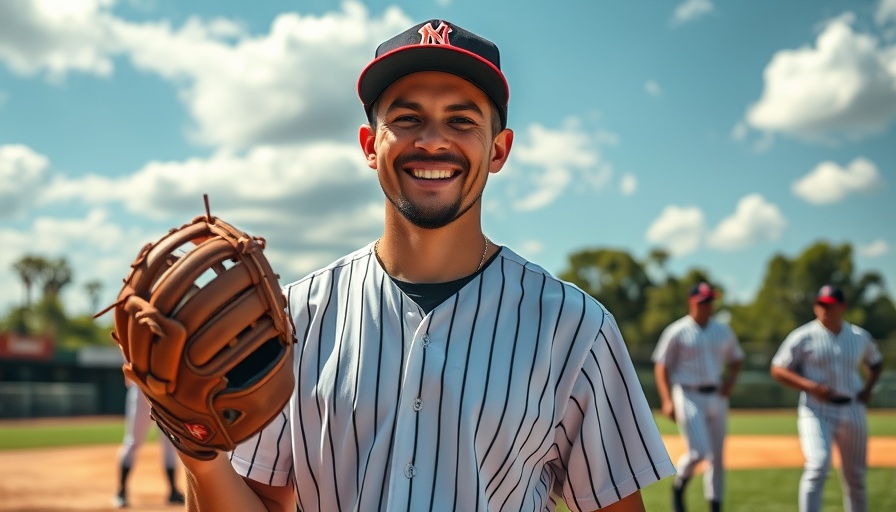 Baseball player smiling with mitt outside, sunny day.