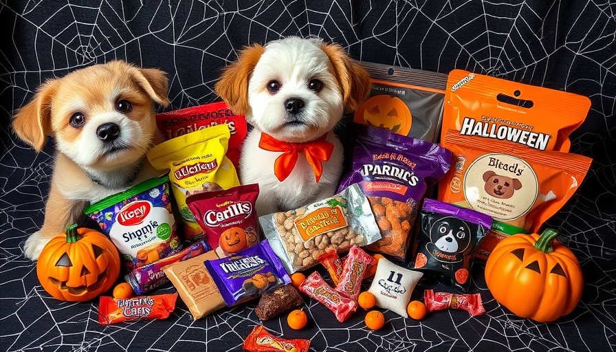 Halloween treats for pets and candies on spider web background.