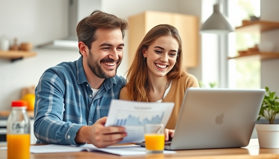 Couple smiling at laptop taking control of finances, bright kitchen.