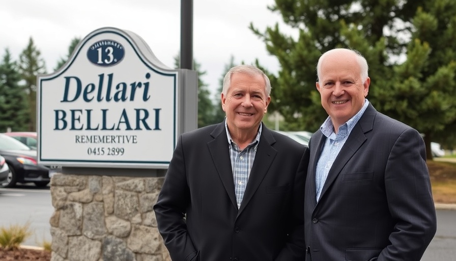 Bellari Home Remodeling 75th Anniversary, two men smiling near sign.