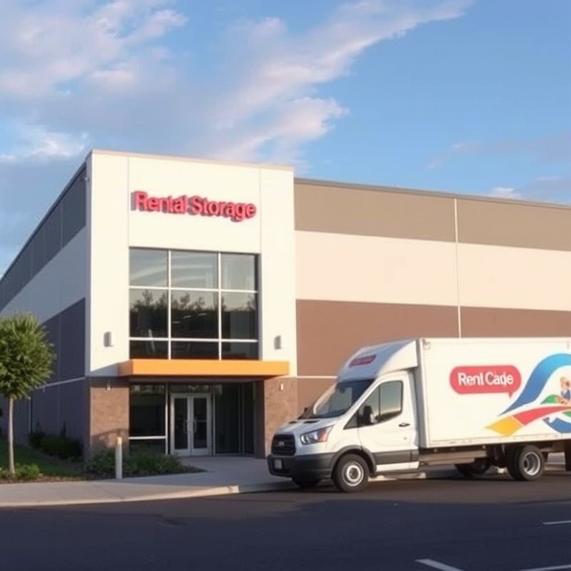 Modern rental storage facility with a moving van parked outside.
