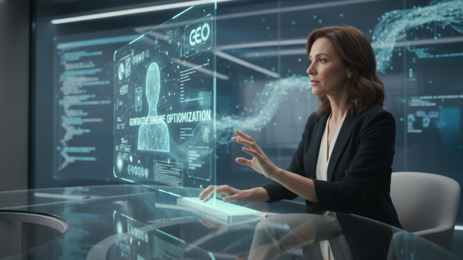 Digital strategist collaborating with AI interface on generative engine optimization.