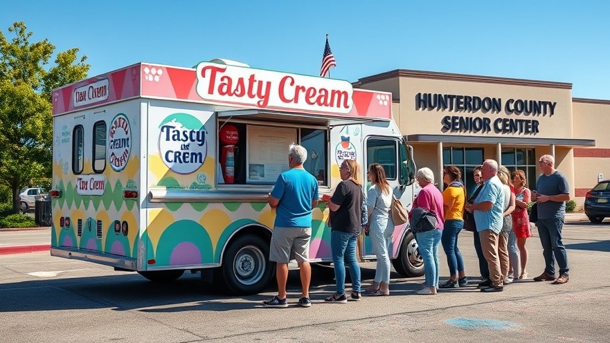 Joyful seniors community events at the 'Tasty Cream' ice cream truck, bright sunny day.