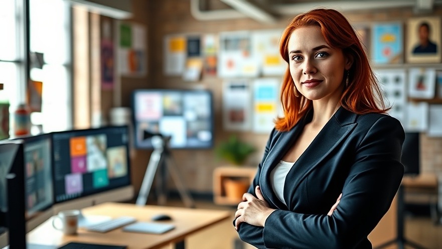 Innovative brand strategist with red hair in a creative agency studio.