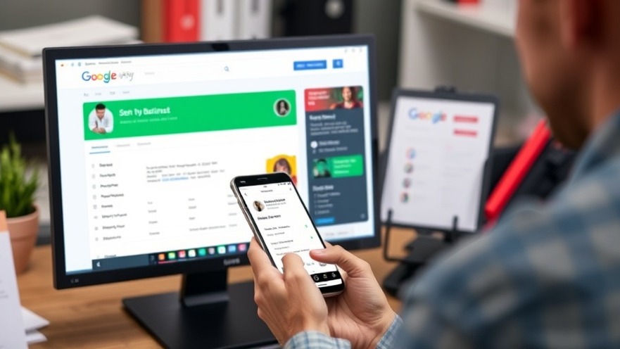 Business owner verifying Google My Business profile on smartphone in organized workspace.