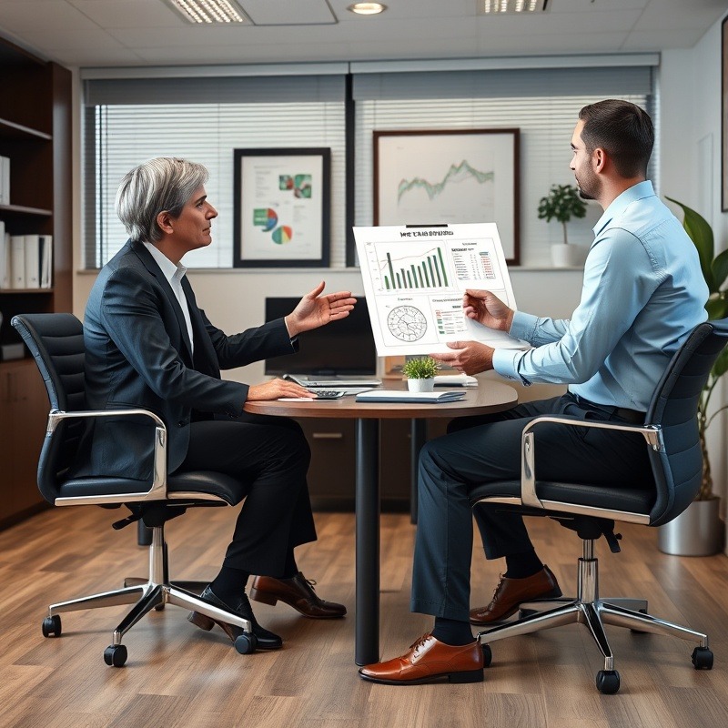 Professional office scene with client consulting investment planner showing detailed plan.