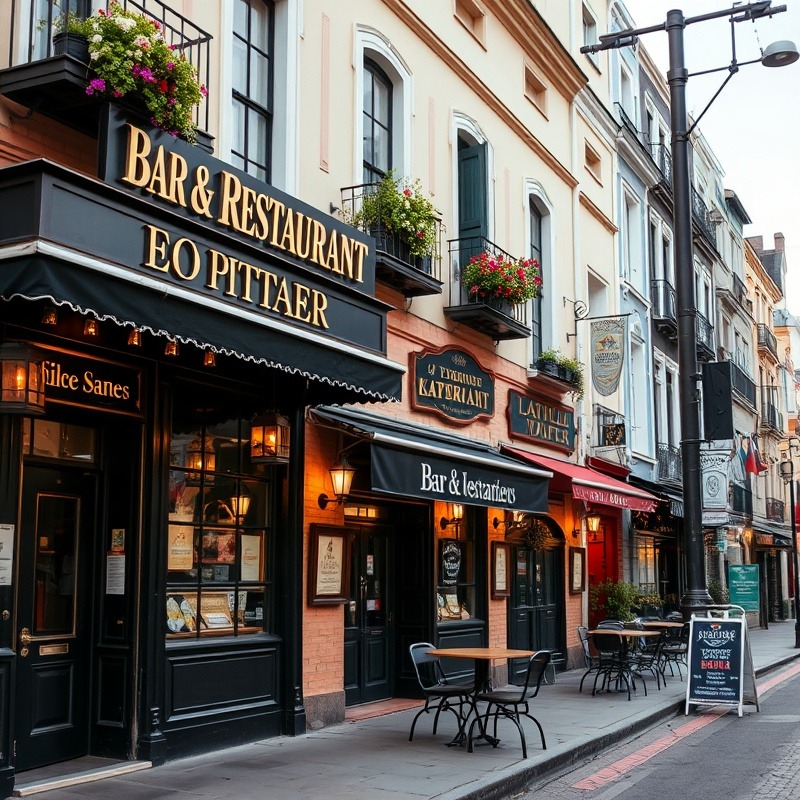 Charming street view featuring several bar & restaurants, including The Golden Spoon and Bella Vista.