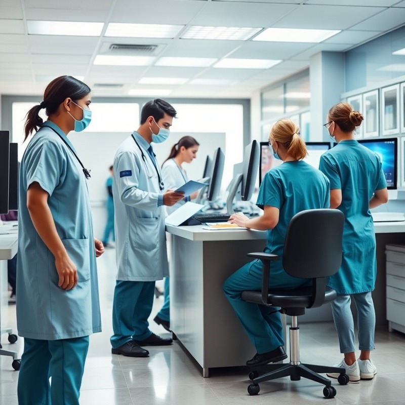 Photo realistic busy hospital nurse's station with nurses and doctors in action.