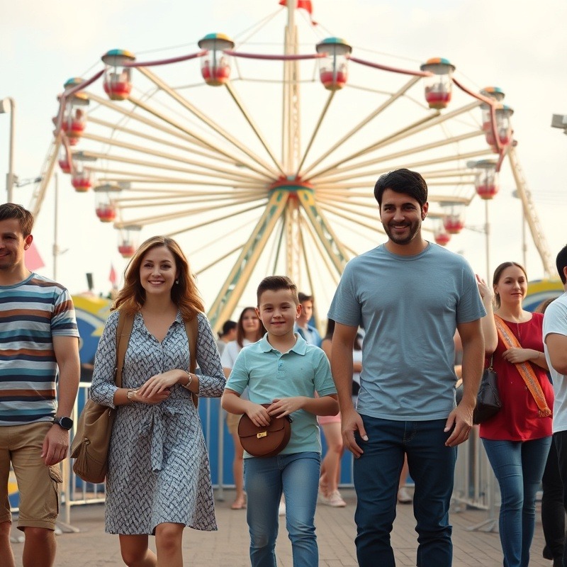 Families enjoying a fun day at an amusement park, with accurate limb positioning.