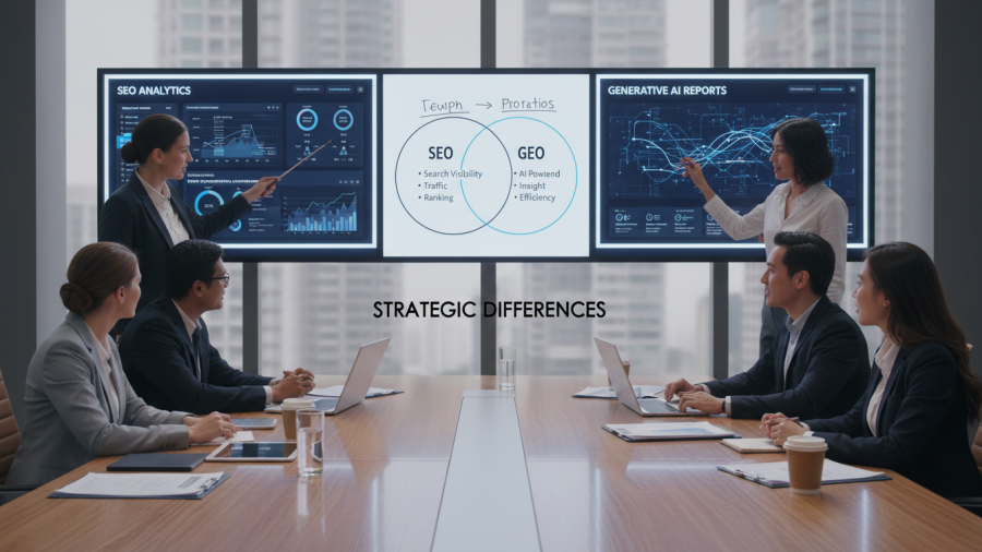 Business team analyzing SEO analytics and generative AI strategies in a meeting.