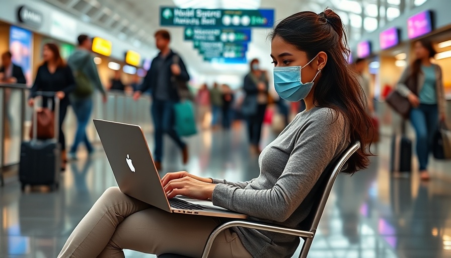 Young woman working remotely in airport, highlighting employers obligations to remote workers.