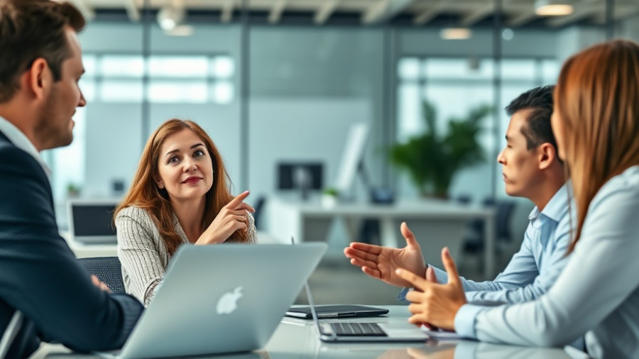 Business professionals discussing in a meeting, illustrating job title inflation.