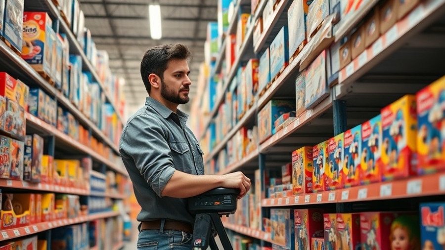 Retail worker organizing toy shelves in a bright store aisle.