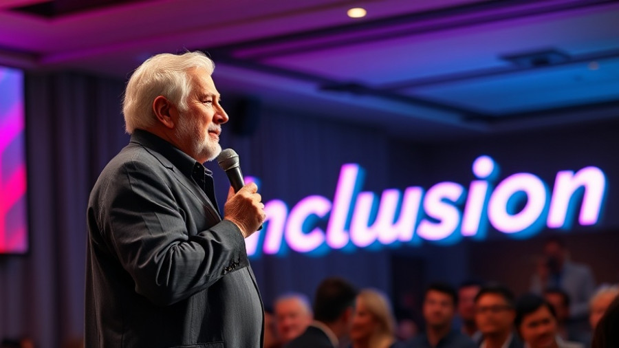 Speaker discussing inclusion in HR with neon signage.