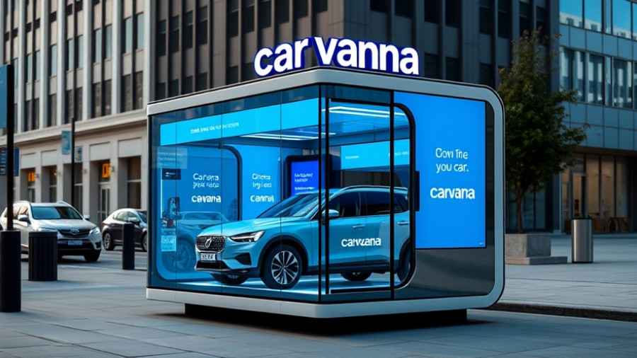 Carvana vehicle in glass vending machine under blue signage.