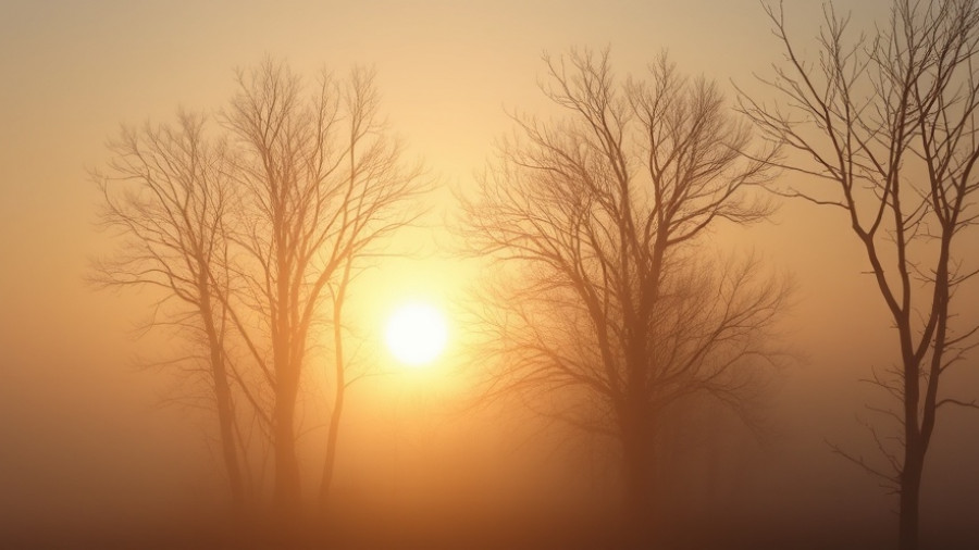 Ethereal sunrise through fog and leafless trees.