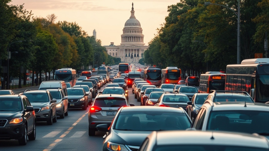 Traffic congestion 2024: Dense evening traffic leading to iconic capitol building.