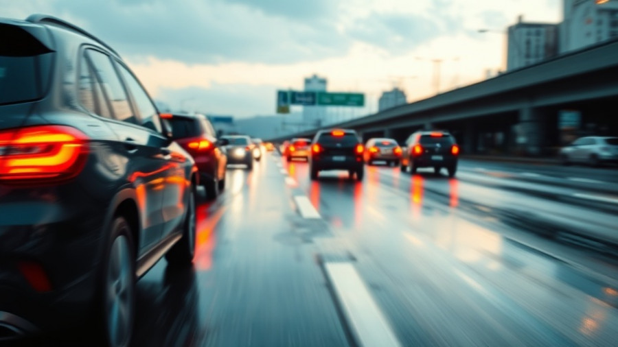 Blurred cars on a rainy highway depicting hybrid work traffic impact.