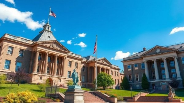University campus with architectural buildings under clear sky.