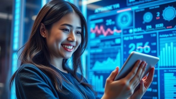 AI-driven insights for workforce management, young woman using tablet.