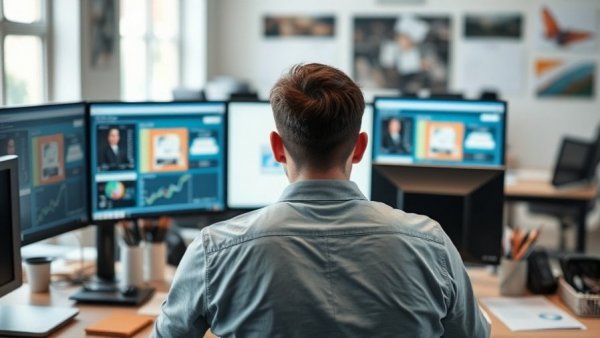 Focused young man working on multiple screens in modern office setting, depicting generational tensions in the workplace.